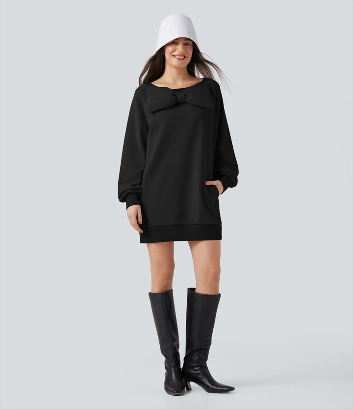 Bow Boat Neck Long Sleeve Casual Cotton Sweatshirt with Pockets — Black — view 1