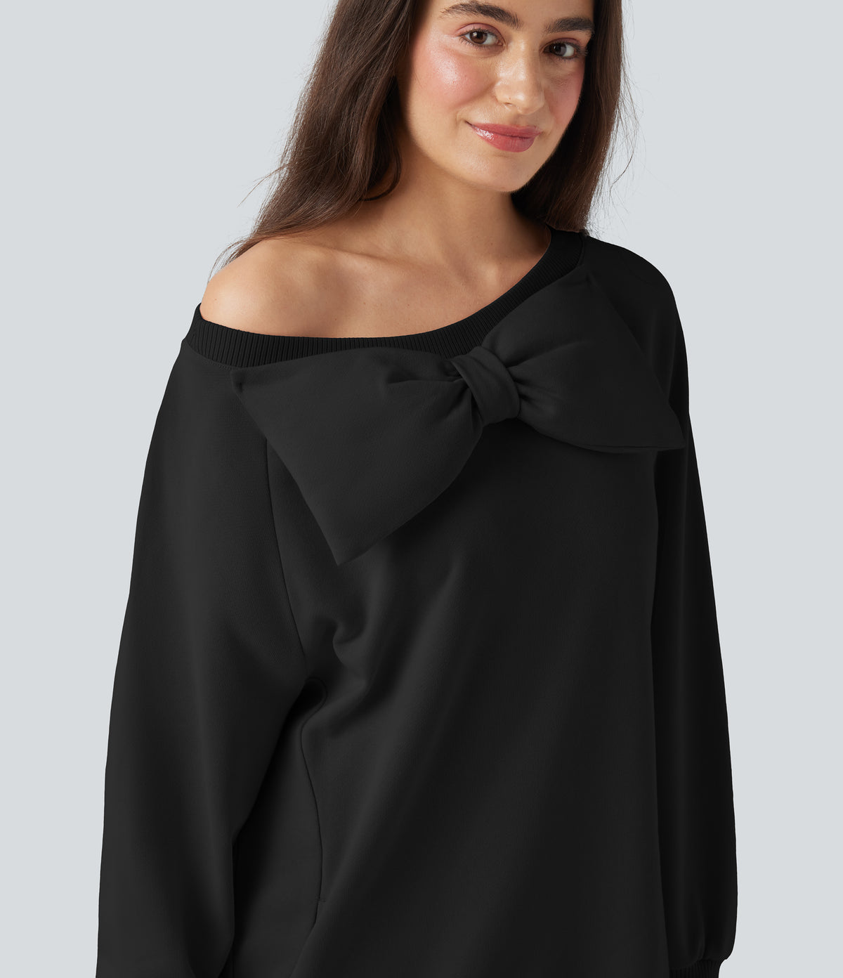 Bow Boat Neck Long Sleeve Casual Cotton Sweatshirt with Pockets — Black — view 6