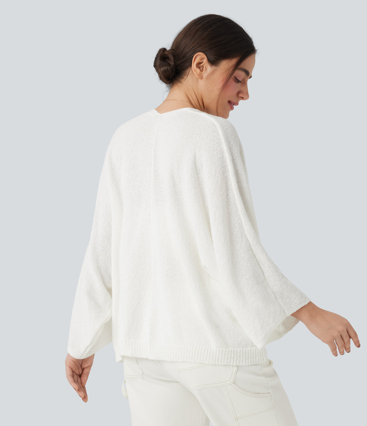 Deep V-neck Batwing Sleeve Relaxed Fit Casual Cardigan — White — view 3
