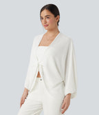 Deep V-neck Batwing Sleeve Relaxed Fit Casual Cardigan — White — view 4