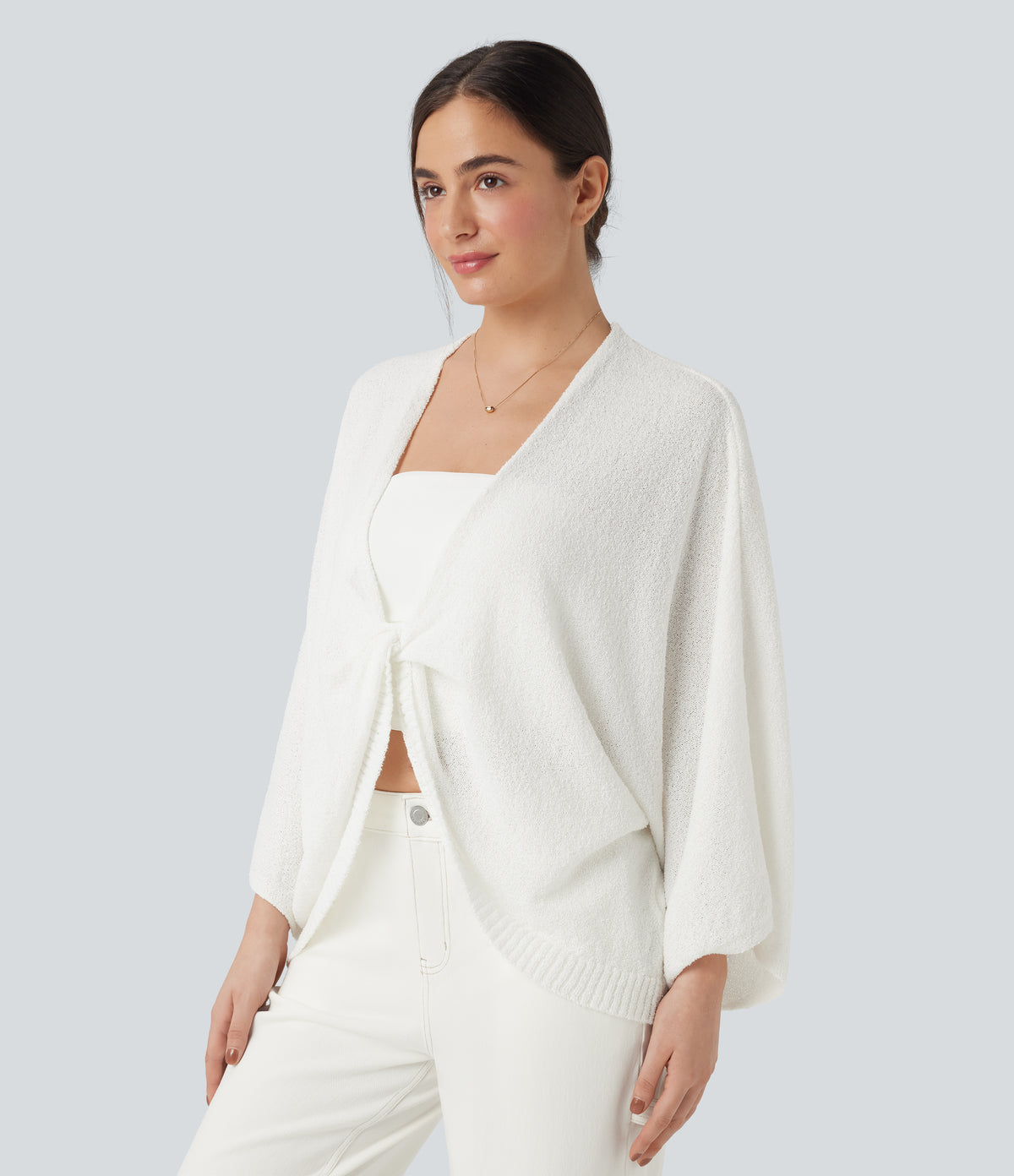 Deep V-neck Batwing Sleeve Relaxed Fit Casual Cardigan — White — view 4