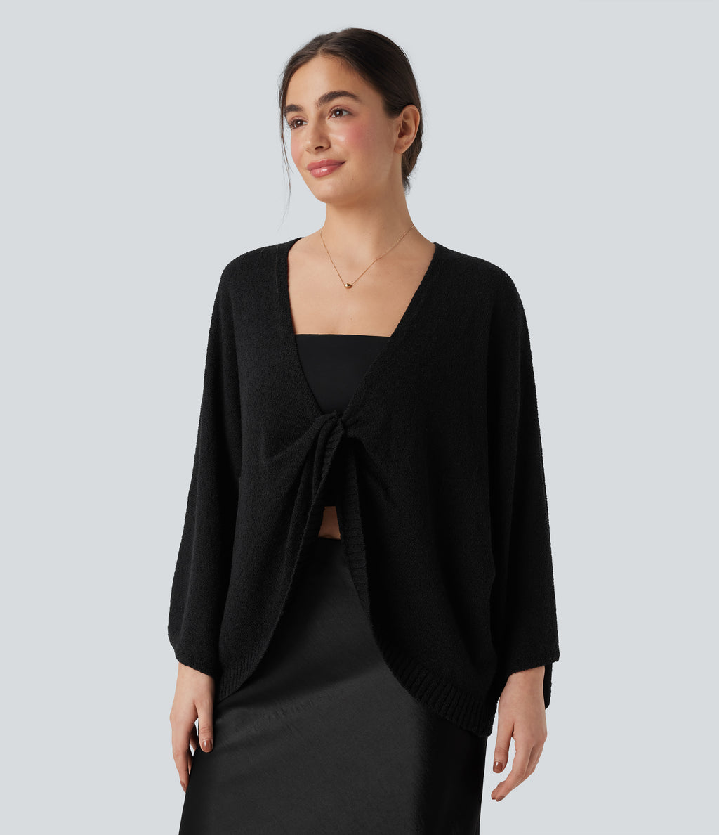 Deep V-neck Batwing Sleeve Relaxed Fit Casual Cardigan — Black — view 6