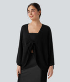 Deep V-neck Batwing Sleeve Relaxed Fit Casual Cardigan — Black — view 6