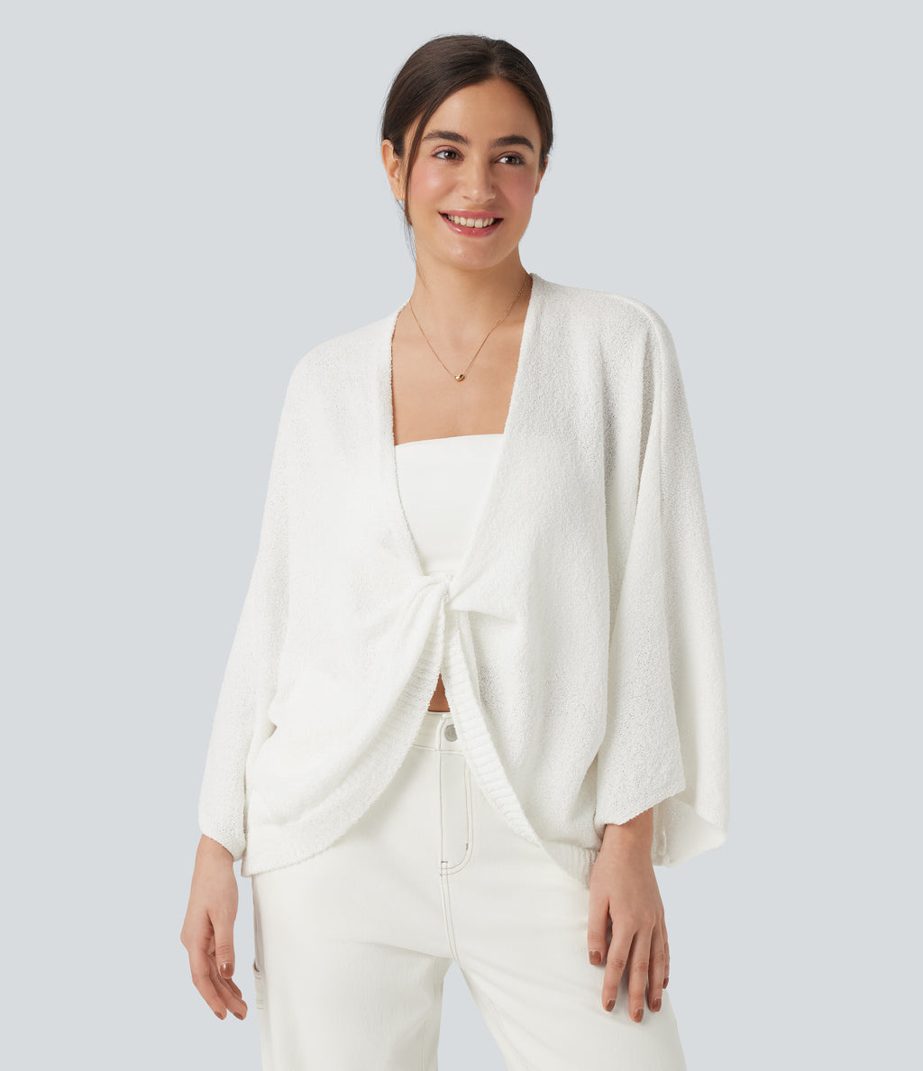 Deep V-neck Batwing Sleeve Relaxed Fit Casual Cardigan — White — view 2