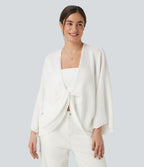 Deep V-neck Batwing Sleeve Relaxed Fit Casual Cardigan — White — view 2