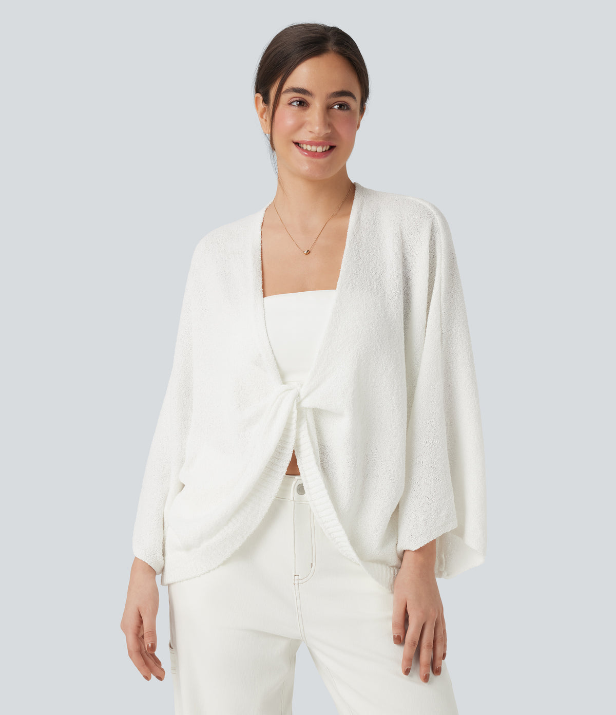 Deep V-neck Batwing Sleeve Relaxed Fit Casual Cardigan — White — view 2