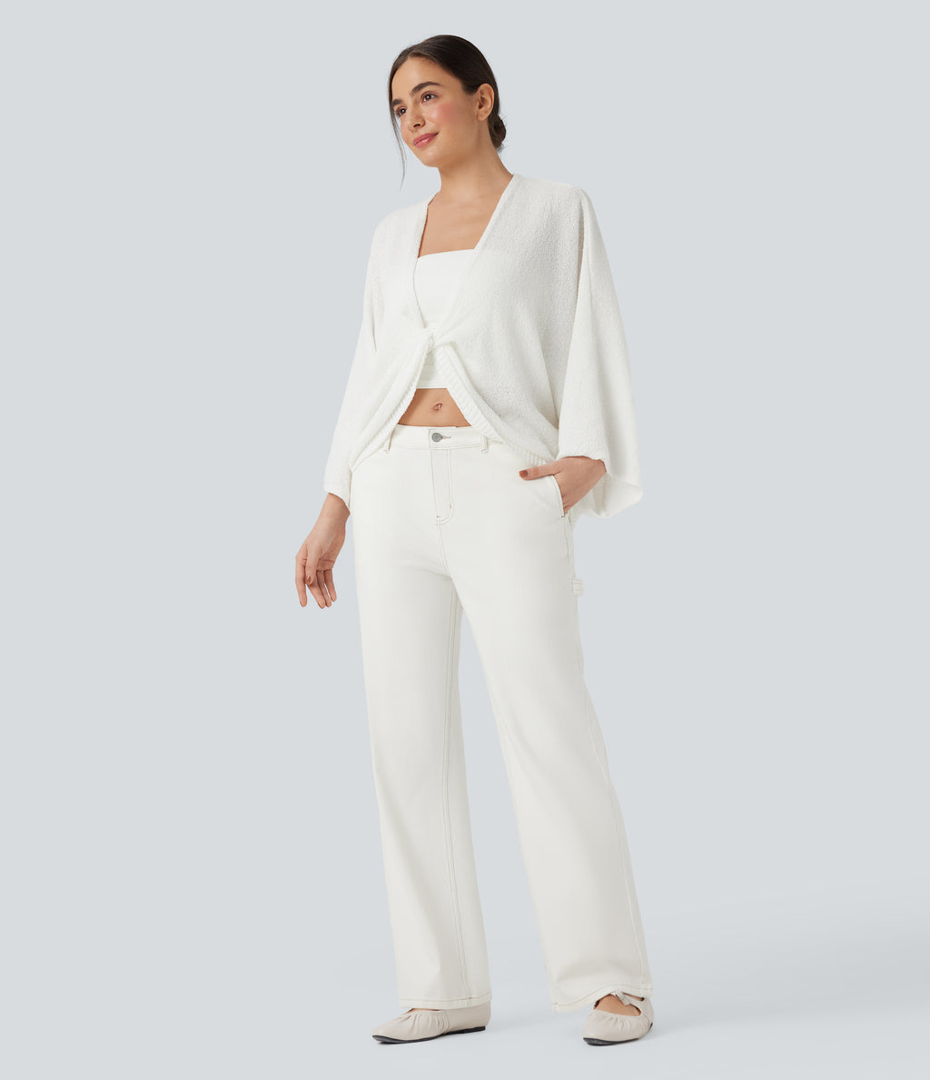 Deep V-neck Batwing Sleeve Relaxed Fit Casual Cardigan — White — view 5