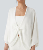Deep V-neck Batwing Sleeve Relaxed Fit Casual Cardigan — White — view 1