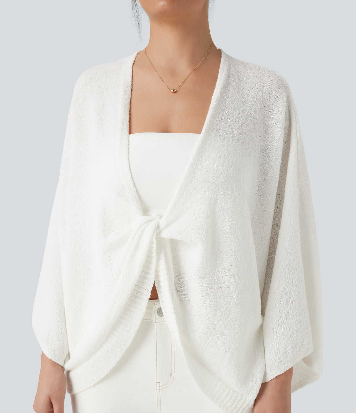 Deep V-neck Batwing Sleeve Relaxed Fit Casual Cardigan — White — view 1