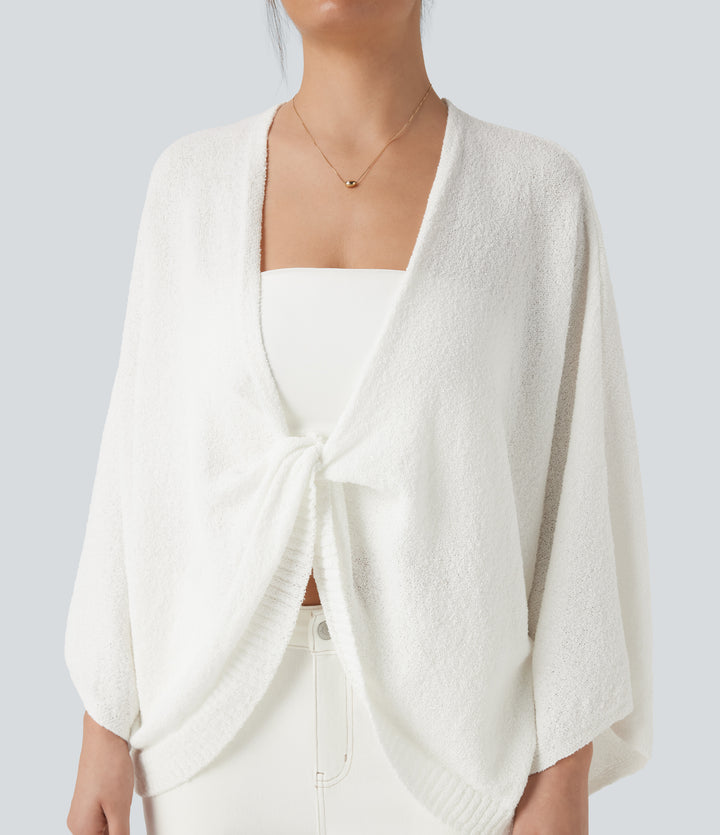 Deep V-neck Batwing Sleeve Relaxed Fit Casual Cardigan — White — view 1