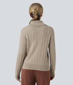 Lapel Long Sleeve Cable Knit Relaxed Fit Work Wool-Blend Jumper — Cement — view 2