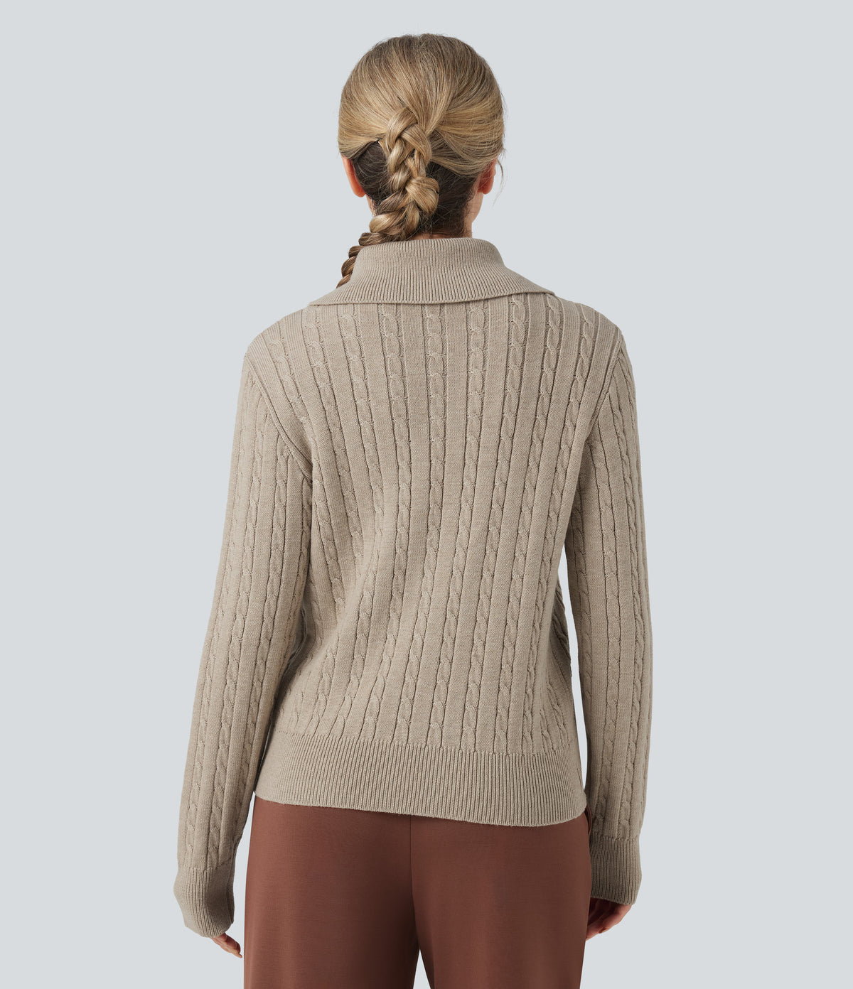 Lapel Long Sleeve Cable Knit Relaxed Fit Work Wool-Blend Jumper — Cement — view 2