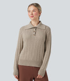 Lapel Long Sleeve Cable Knit Relaxed Fit Work Wool-Blend Jumper — Cement — view 4