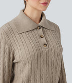 Lapel Long Sleeve Cable Knit Relaxed Fit Work Wool-Blend Jumper — Cement — view 5