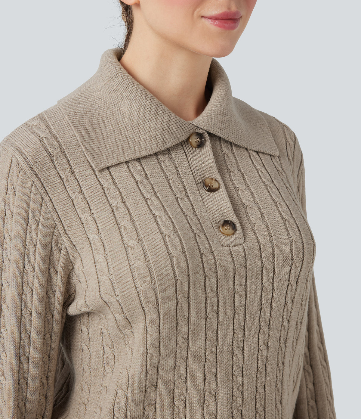 Lapel Long Sleeve Cable Knit Relaxed Fit Work Wool-Blend Jumper — Cement — view 5