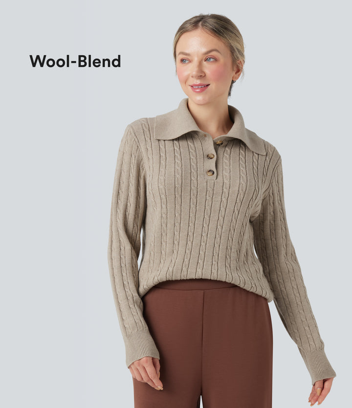 Lapel Long Sleeve Cable Knit Relaxed Fit Work Wool-Blend Jumper — Cement — view 1