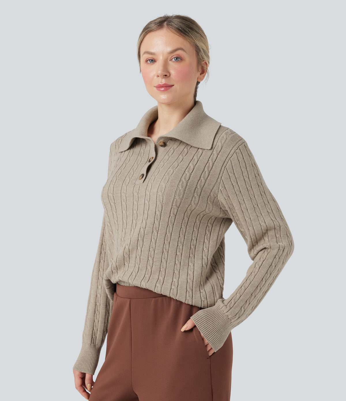 Lapel Long Sleeve Cable Knit Relaxed Fit Work Wool-Blend Jumper — Cement — view 3
