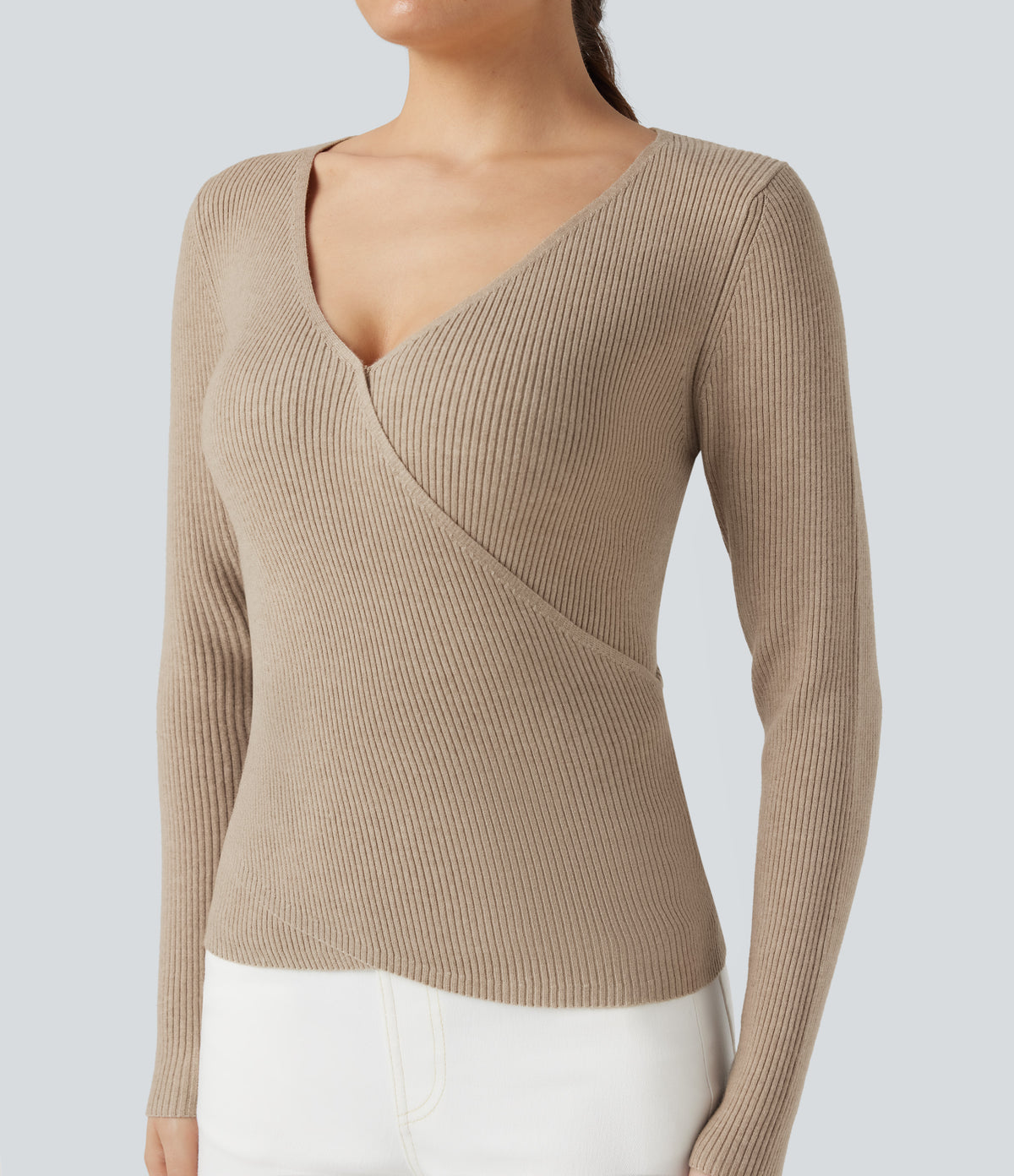 V-neck Long Sleeve Crossover Slim Work Jumper — Cement — view 5