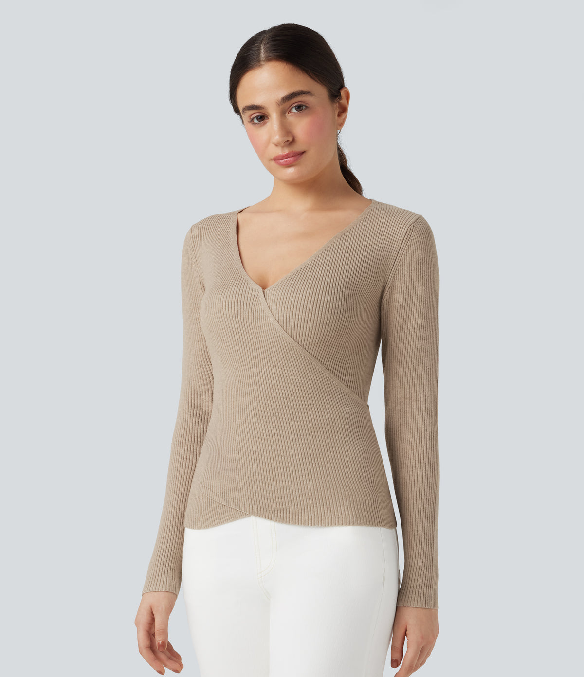 V-neck Long Sleeve Crossover Slim Work Jumper — Cement — view 4