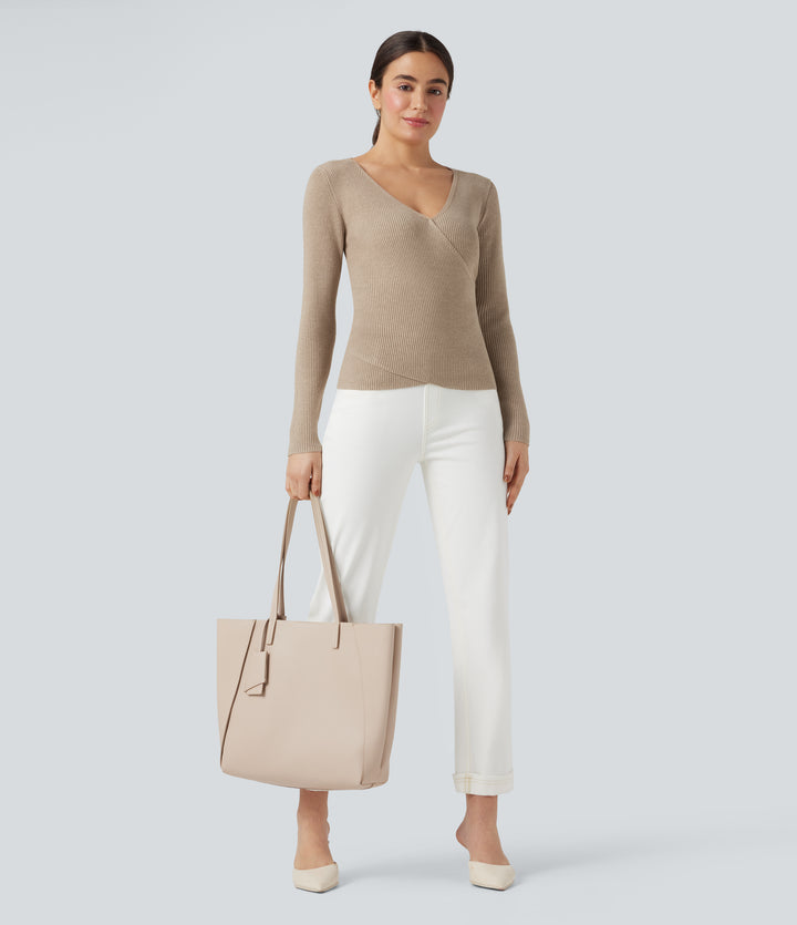 V-neck Long Sleeve Crossover Slim Work Jumper — Cement — view 1