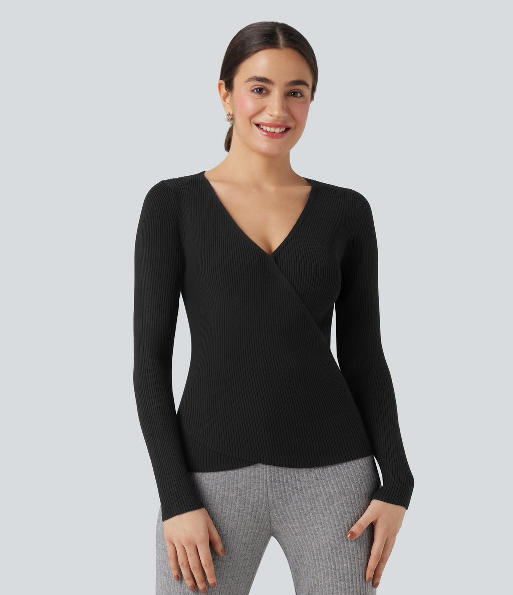 V-neck Long Sleeve Crossover Slim Work Jumper — Black — view 7