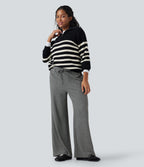 Ribbed Knit Low Rise Drawstring Casual Baggy Trousers with Pockets — Dark Grey — view 2