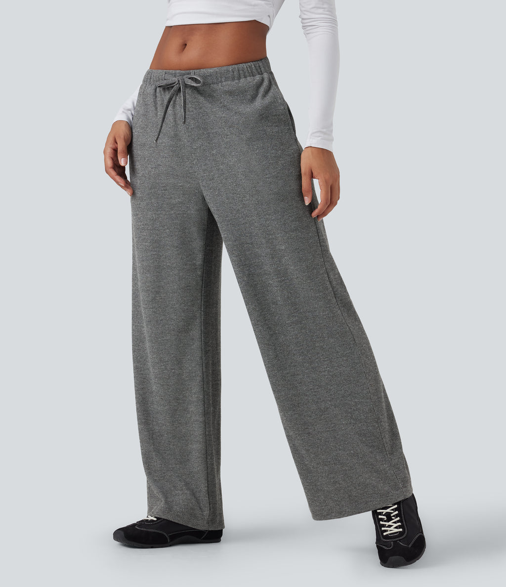 Ribbed Knit Low Rise Drawstring Casual Baggy Trousers with Pockets — Dark Grey — view 4