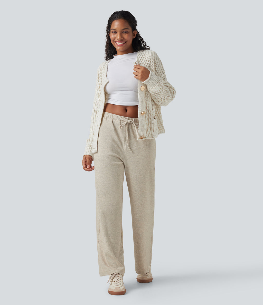 Ribbed Knit Low Rise Drawstring Casual Baggy Trousers with Pockets — Khaki — view 8