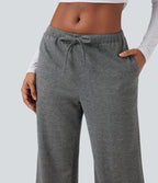 Ribbed Knit Low Rise Drawstring Casual Baggy Trousers with Pockets — Dark Grey — view 5