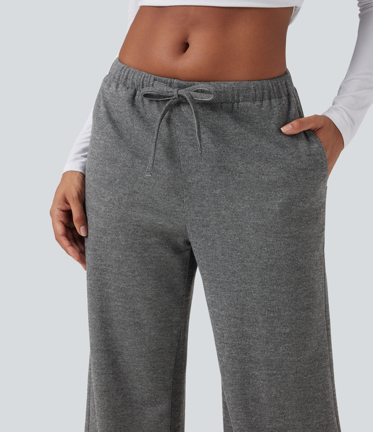 Ribbed Knit Low Rise Drawstring Casual Baggy Trousers with Pockets — Dark Grey — view 5