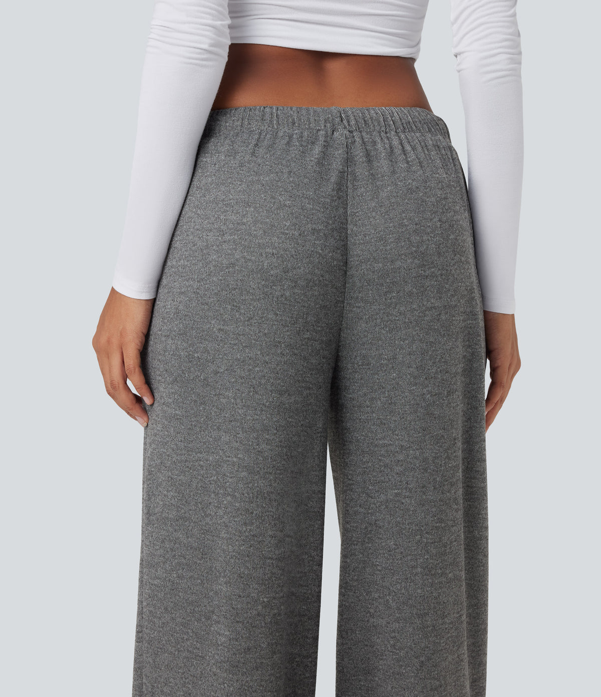 Ribbed Knit Low Rise Drawstring Casual Baggy Trousers with Pockets — Dark Grey — view 6