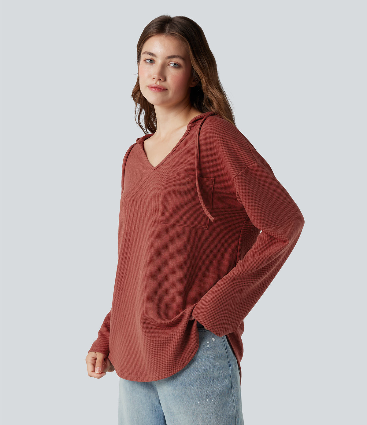 Hooded Drawstring Long Sleeve Curved Hem Waffle Casual Sweatshirt with Pocket — Tandoori Spice — view 4
