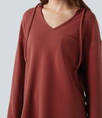 Hooded Drawstring Long Sleeve Curved Hem Waffle Casual Sweatshirt with Pocket — Tandoori Spice — view 5