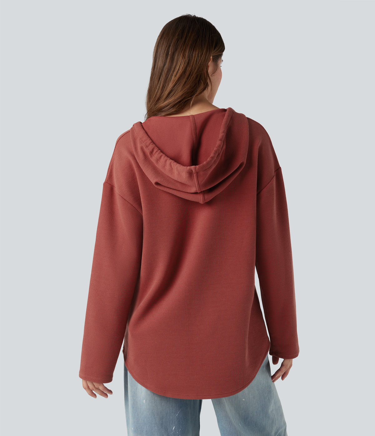 Hooded Drawstring Long Sleeve Curved Hem Waffle Casual Sweatshirt with Pocket — Tandoori Spice — view 3