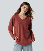 Hooded Drawstring Long Sleeve Curved Hem Waffle Casual Sweatshirt with Pocket — Tandoori Spice — view 2