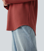 Hooded Drawstring Long Sleeve Curved Hem Waffle Casual Sweatshirt with Pocket — Tandoori Spice — view 6