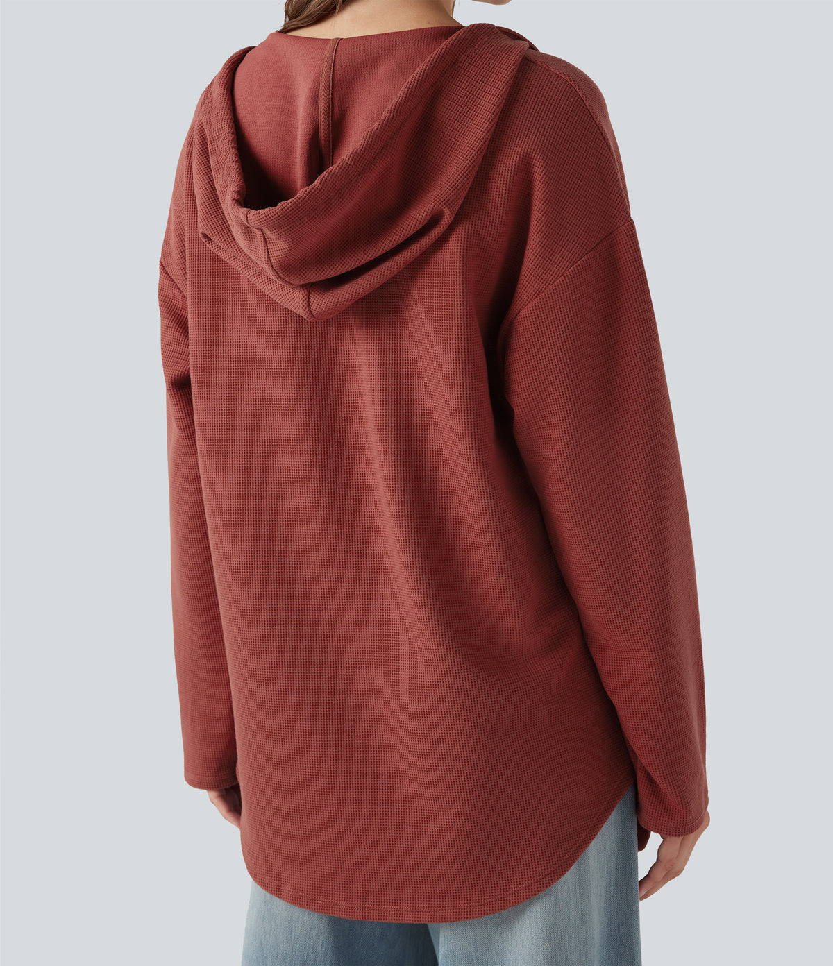 Hooded Drawstring Long Sleeve Curved Hem Waffle Casual Sweatshirt with Pocket — Tandoori Spice — view 1