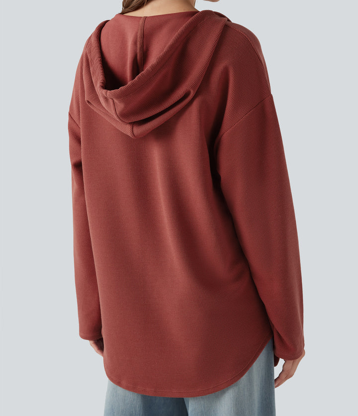 Hooded Drawstring Long Sleeve Curved Hem Waffle Casual Sweatshirt with Pocket — Tandoori Spice — view 1