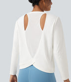 Round Neck Long Sleeve Cut Out Running Sports Top — White — view 1