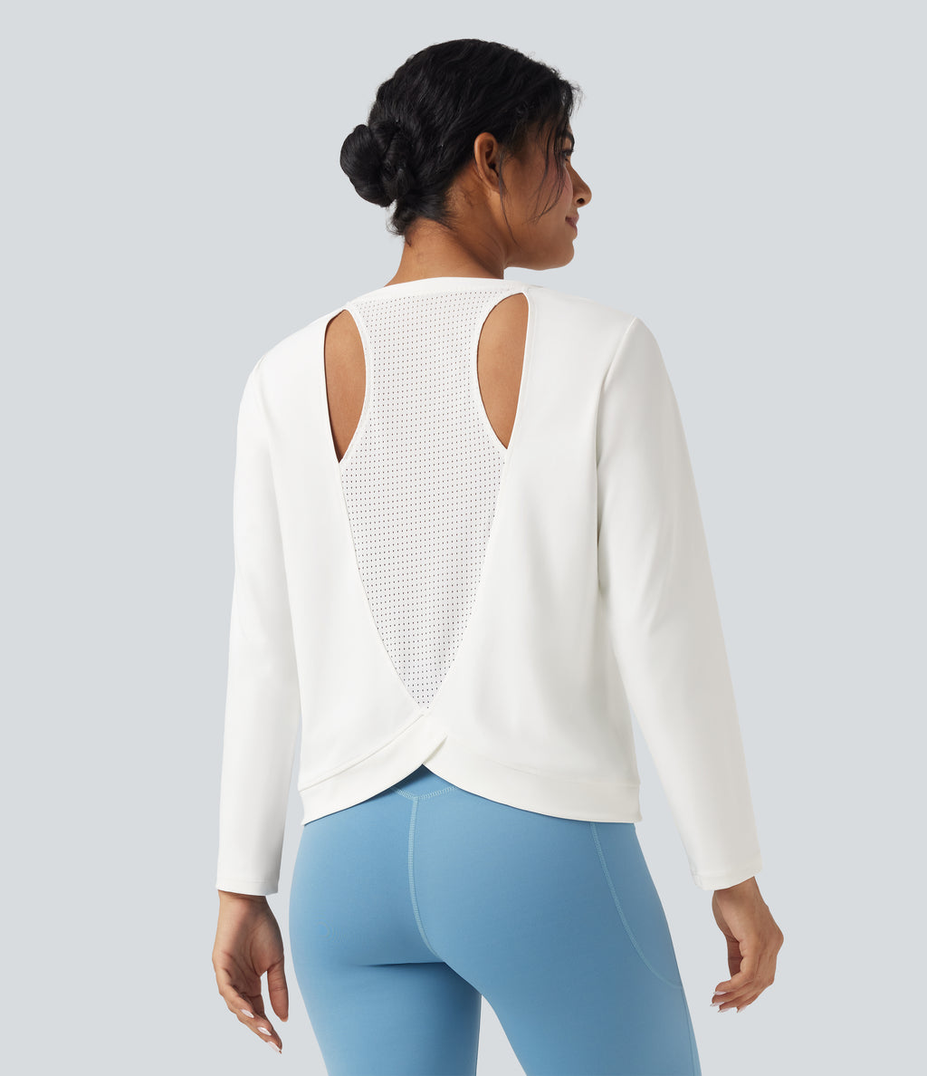 Round Neck Long Sleeve Cut Out Running Sports Top — White — view 4