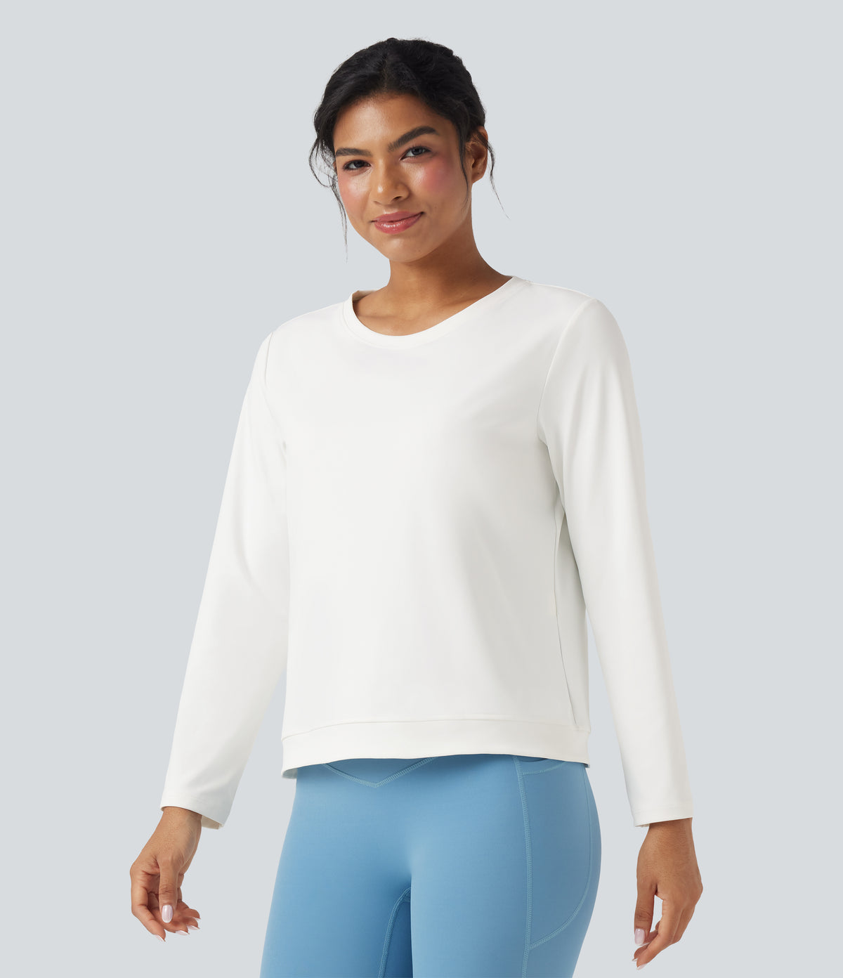 Round Neck Long Sleeve Cut Out Running Sports Top — White — view 3
