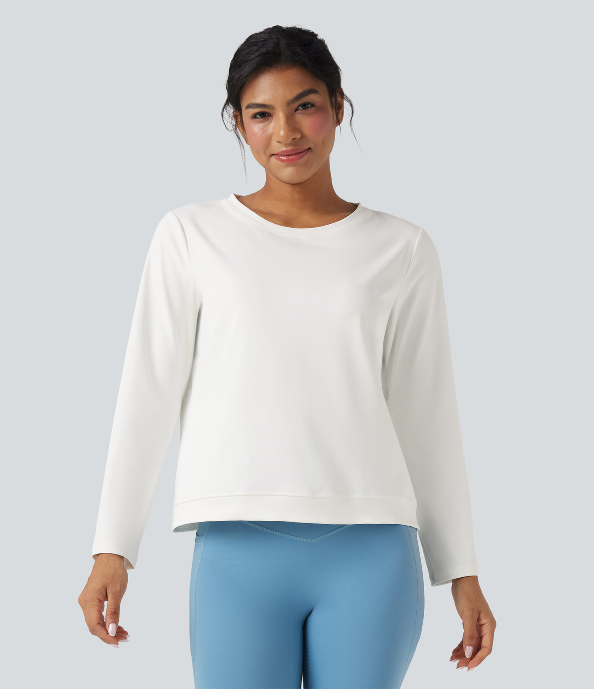 Round Neck Long Sleeve Cut Out Running Sports Top — White — view 2