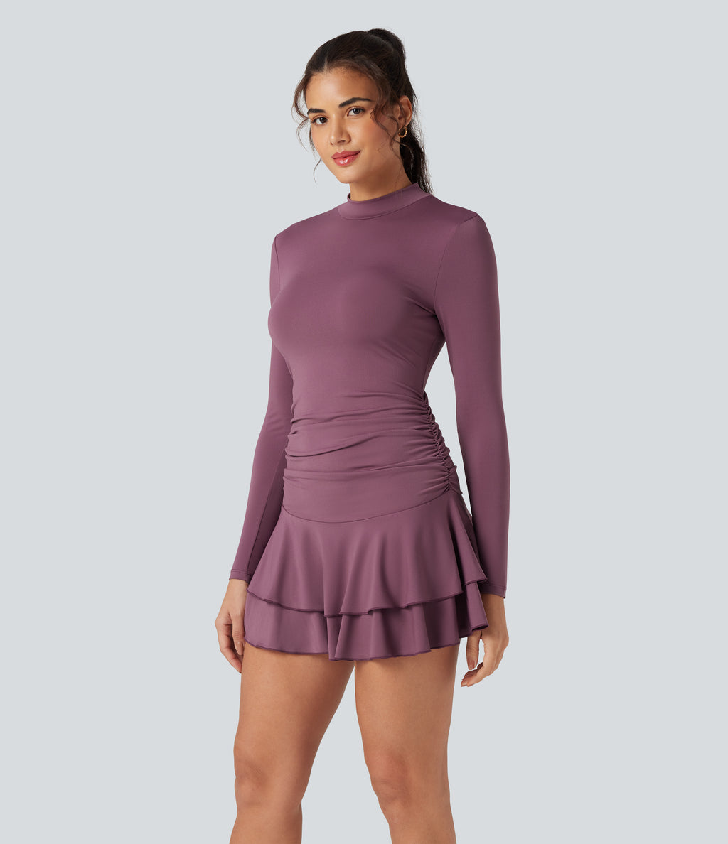 Mock-neck Long Sleeve Ruched Ruffle Tiered Hem Mini Casual Dress — Tulipwood — view 1