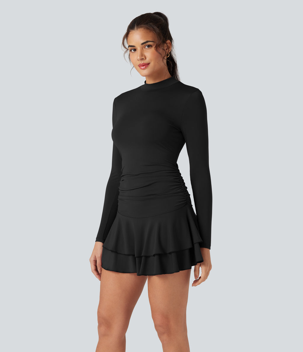 Mock-neck Long Sleeve Ruched Ruffle Tiered Hem Mini Casual Dress — Black — view 6