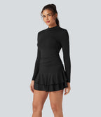 Mock-neck Long Sleeve Ruched Ruffle Tiered Hem Mini Casual Dress — Black — view 6
