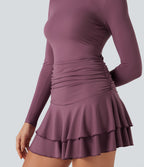 Mock-neck Long Sleeve Ruched Ruffle Tiered Hem Mini Casual Dress — Tulipwood — view 4