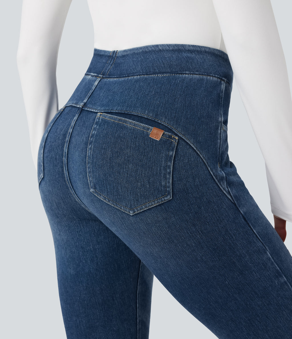 High Waisted Denim Casual Leggings with Pockets — Estate Blue Denim — view 5