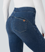 High Waisted Denim Casual Leggings with Pockets — Estate Blue Denim — view 5