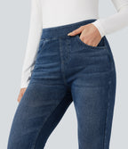 High Waisted Denim Casual Leggings with Pockets — Estate Blue Denim — view 4