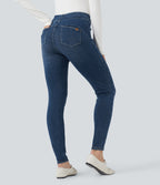 High Waisted Denim Casual Leggings with Pockets — Estate Blue Denim — view 1